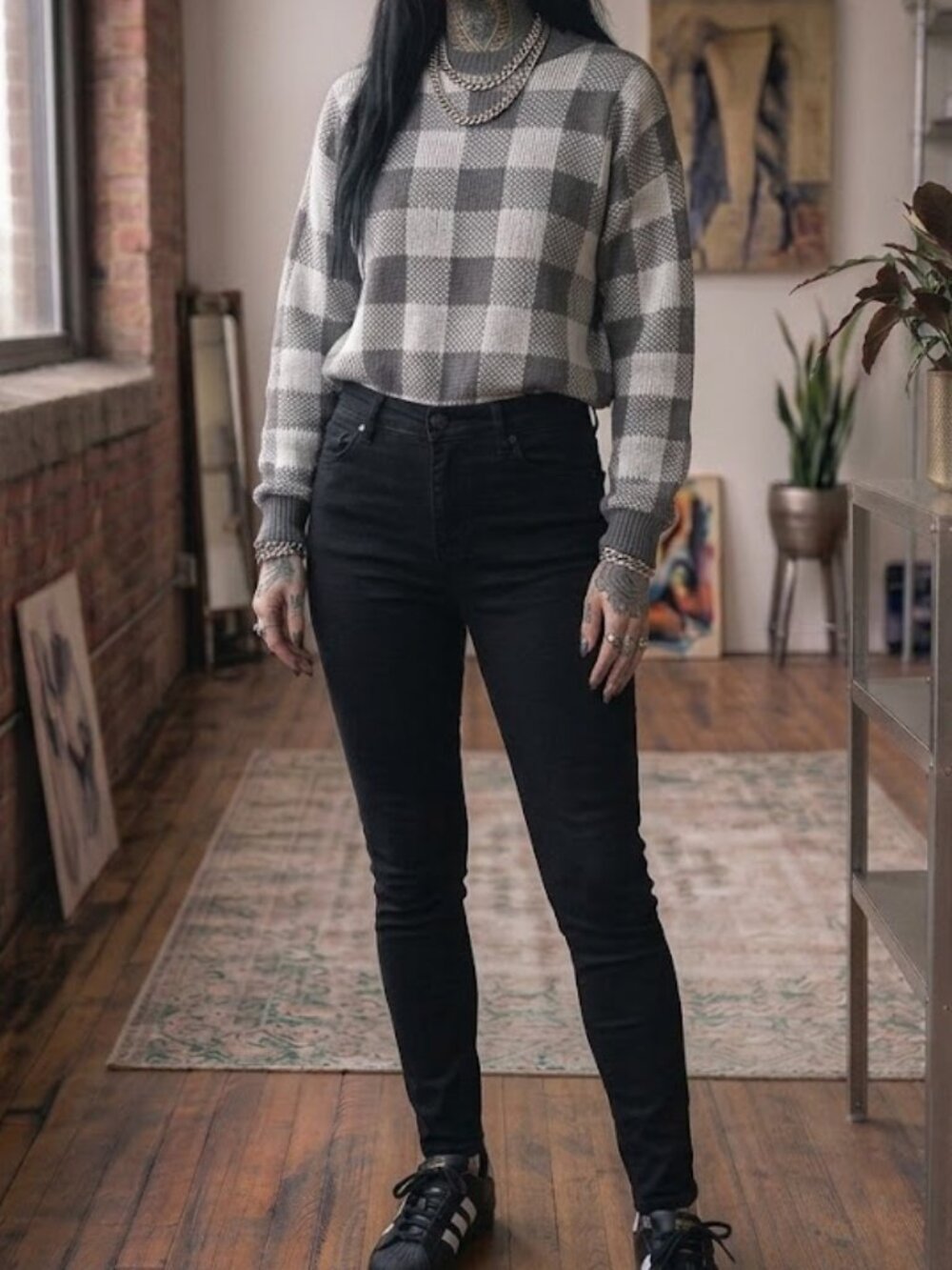 Vintage NUGGETS Gray & White Checkered Acrylic Sweater Size M Made in Korea